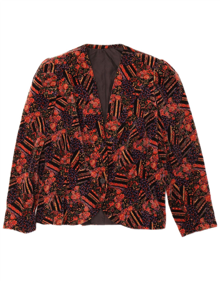 VINTAGE Γυναικείο βελούδινο σακάκι 14κουμπιού Μπλέιζερ UK 14 Medium Red Floral