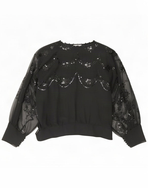 Vintage Γυναικεία See Through Μακρυμάνικη Μπλούζα Τοπ UK 14 Medium Black V Floral