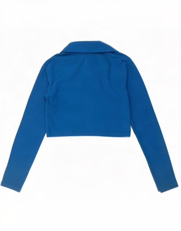 Zara Womens Crop Long Sleeve Polo Shirt UK 14 Large Blue Cotton