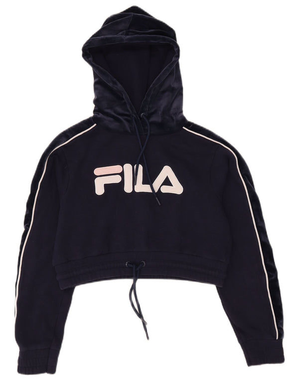 Fila Womens Crop Graphic Hoodie Jumper UK 6 XS Navy Blue Cotton