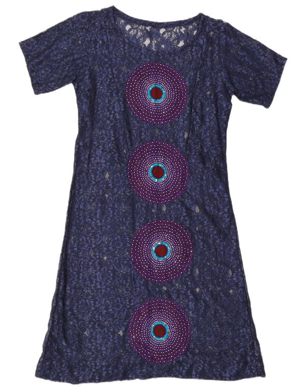 Vintage Γυναικείο Δαντελένιο Βασικό Φόρεμα UK 16 Large Navy Blue Geometric