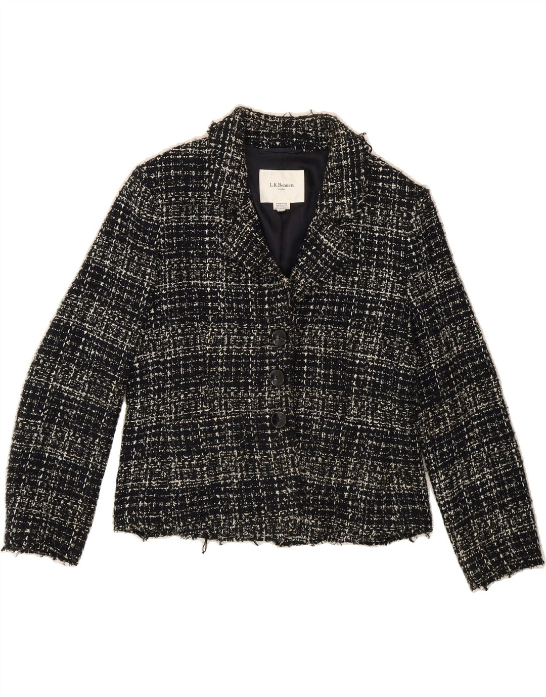 L.K. BENNETT Womens Crop 3 Button Blazer Jacket UK 12 Medium  Black Cotton Vintage L.K. Bennett and Second-Hand L.K. Bennett from Messina Hembry 