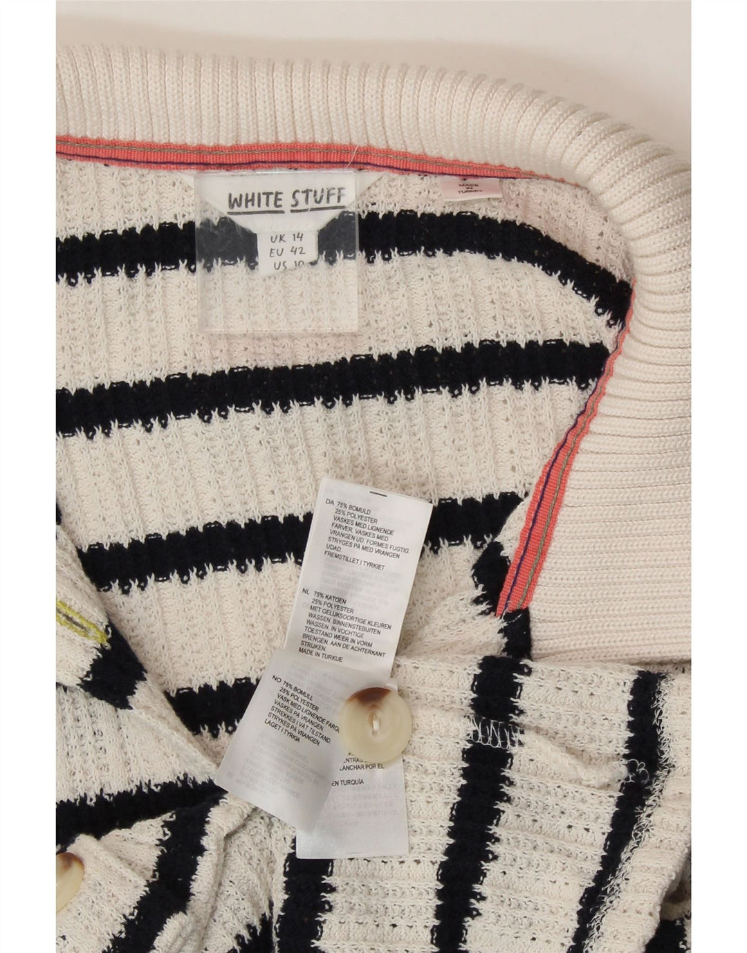 WHITE STUFF Womens Crop Cardigan Sweater UK 14 Large  White Striped Vintage White Stuff and Second-Hand White Stuff from Messina Hembry 