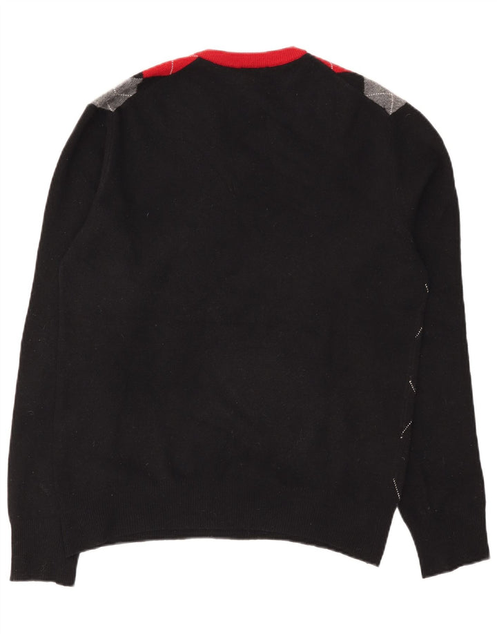 AHAUS Mens V-Neck Jumper Sweater Large Black Argyle/Diamond Wool
