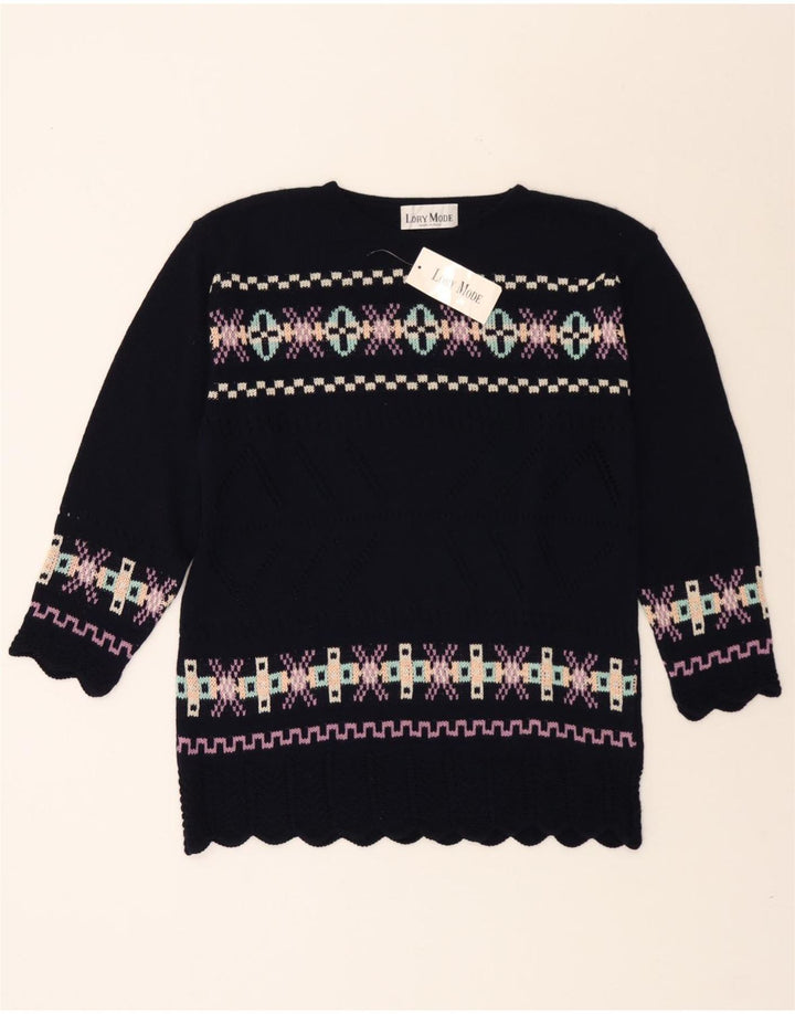 VINTAGE  Boat Neck Jumper Sweater UK 14 Medium Navy Blue Geometric Vintage Vintage and Second-Hand Vintage from Messina Hembry 