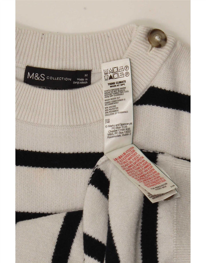 Marks & Spencer Γυναικείο πουλόβερ με λαιμόκοψη UK 14 μεσαίο λευκό ριγέ