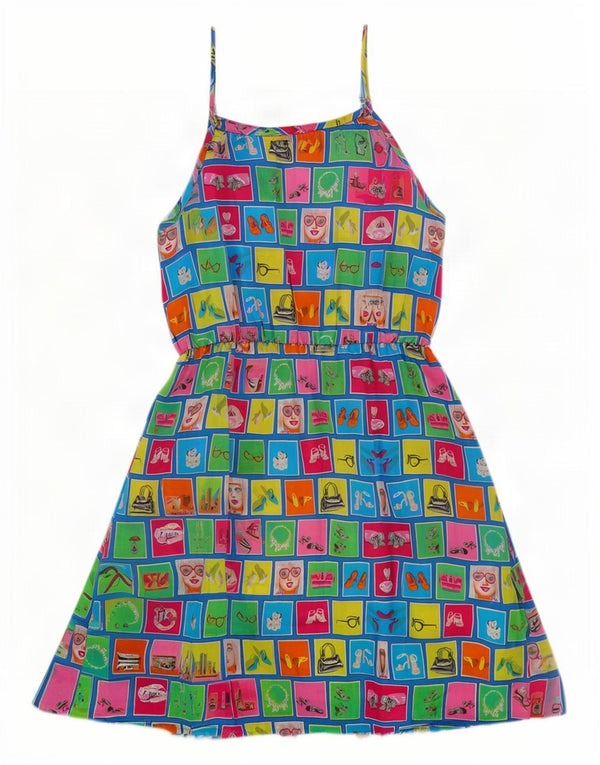 Vintage γυναικείο γραφικό Sundress UK 14 Μεγάλο πολύχρωμο βαμβακερό συνονθύλευμα