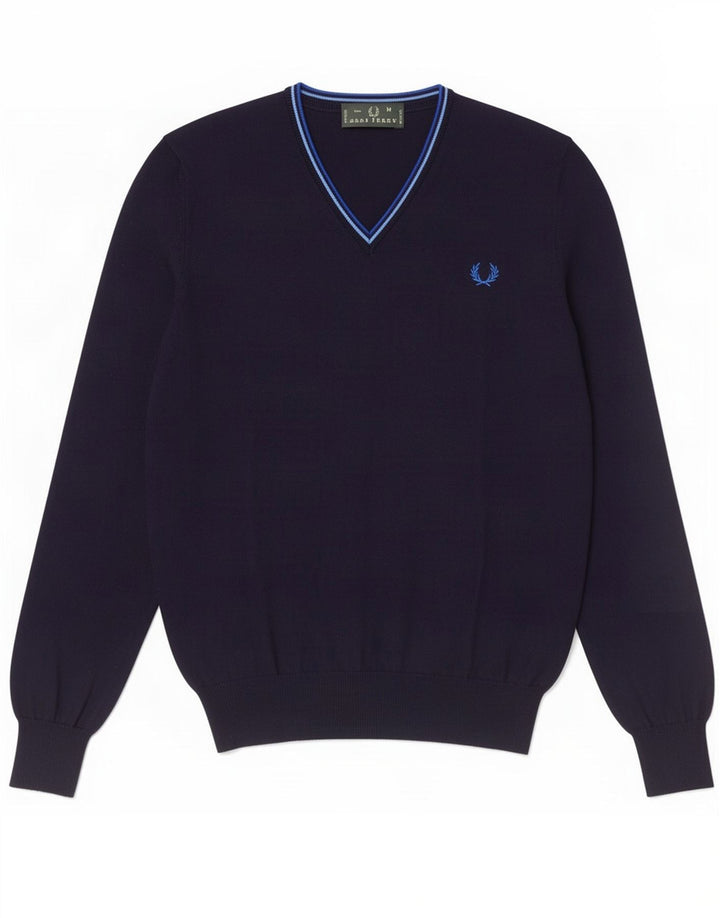 Fred Perry Ανδρικό πουλόβερ με λαιμόκοψη με V λαιμόκοψη, μεσαίο μπλε βαμβακερό