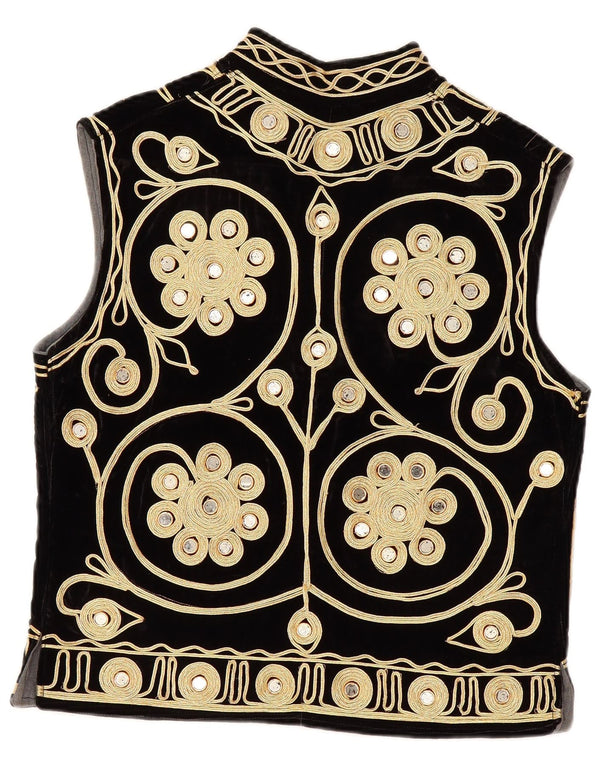 Vintage Γυναικείο OPEN Γιλέκο UK 14 Medium Black Floral Velvet