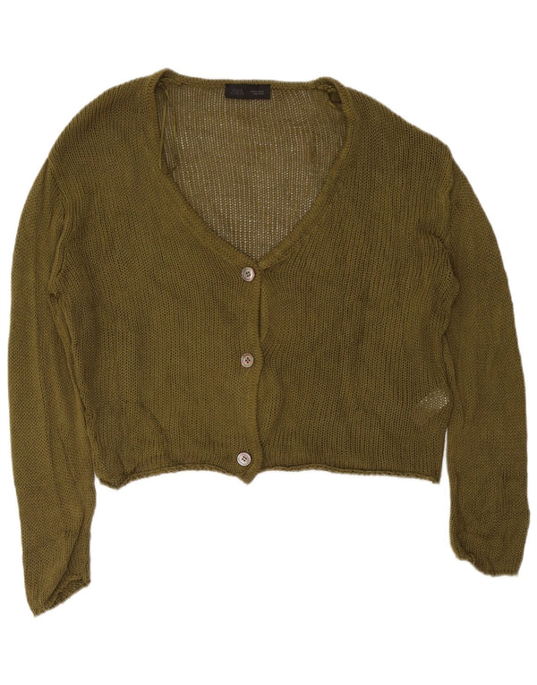 Zara Γυναικείο πουλόβερ ζακέτας Crop UK 16 Large Khaki Cotton