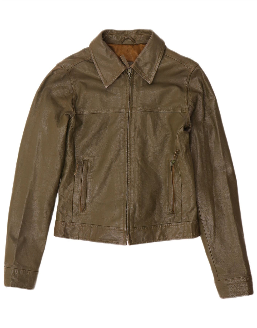Zara Γυναικείο Trafaluc Crop Leather Jacket UK 12 Medium Khaki Leather