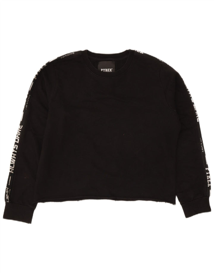 Γυναικείο γραφικό φούτερ PYREX Crop Jumper UK 16 μεγάλο μαύρο βαμβακερό