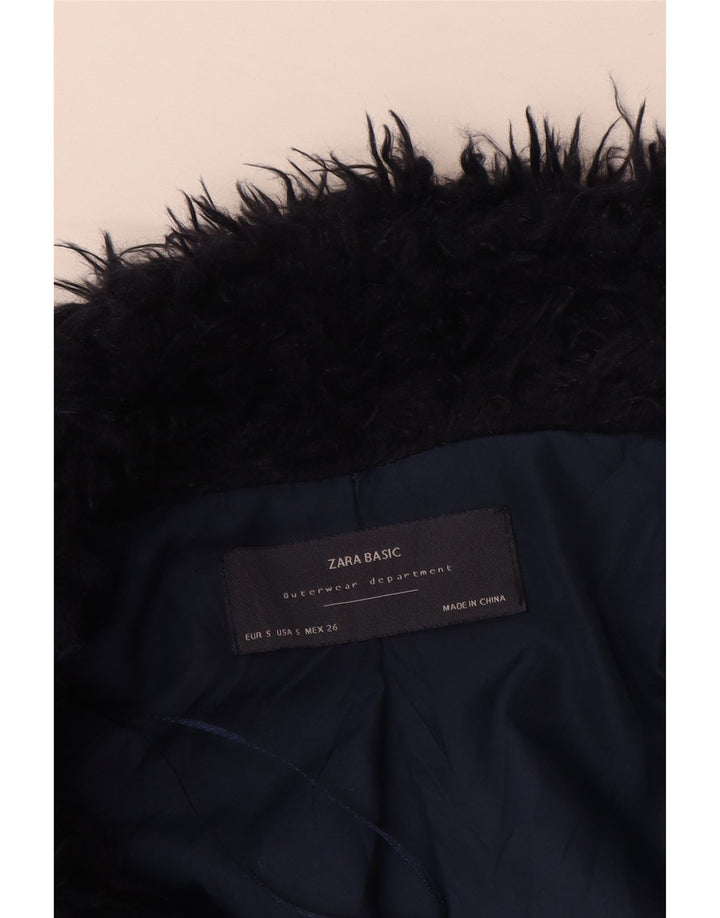 Zara Γυναικείο Open Faux Fur Jacket UK 10 Small Navy Blue Polyester