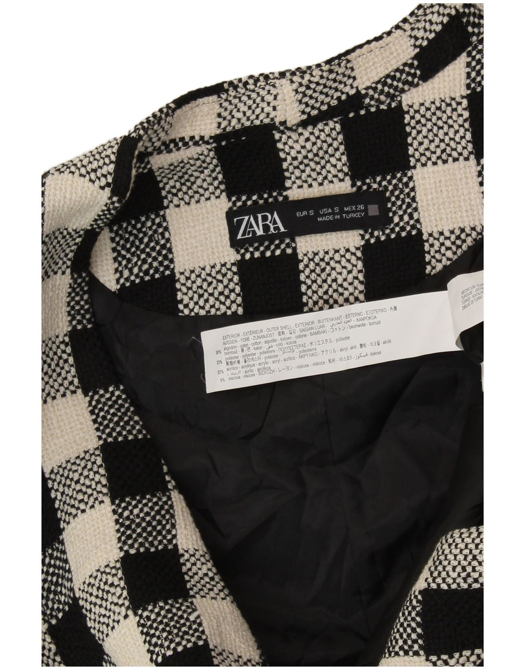 ZARA Γυναικείο Gilet με διπλό στήθος UK 10 Small Black Check Cotton