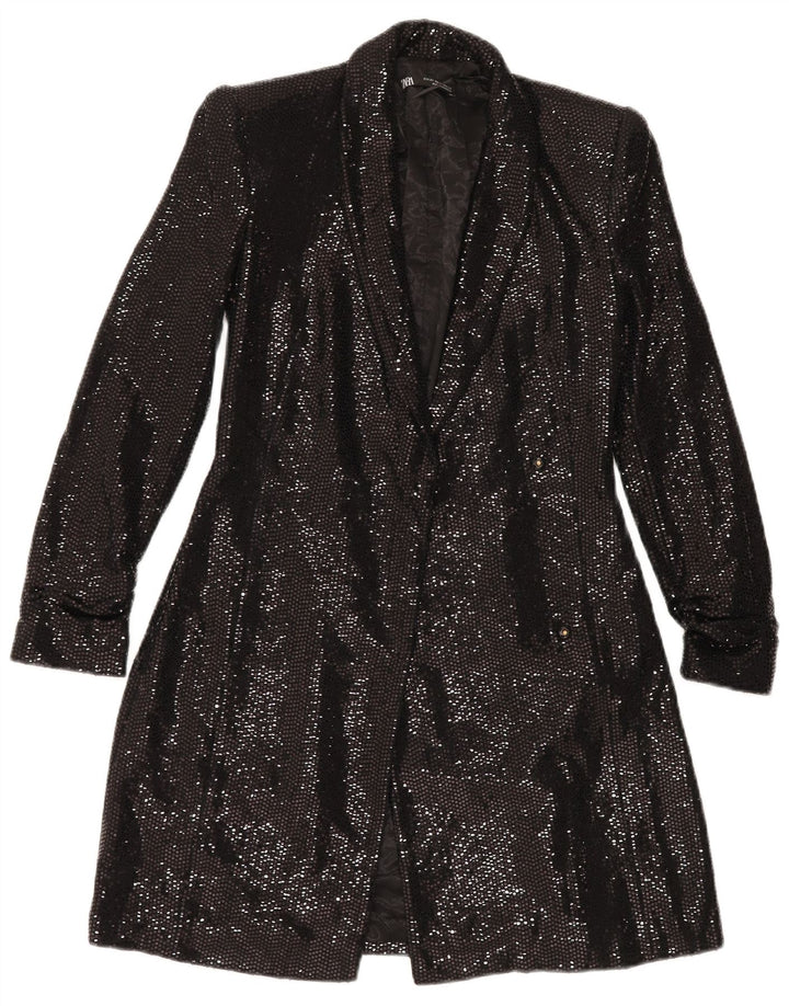 ZARA Γυναικείο Longline Open Blazer Jacket UK 6 XS Μαύρο Πολυαμίδιο