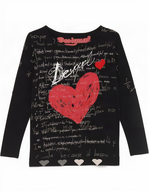Desigual γυναικείο υπερμεγέθη γραφικό τοπ 3/4 μανίκι UK 14 μεσαία μαύρη βισκόζη