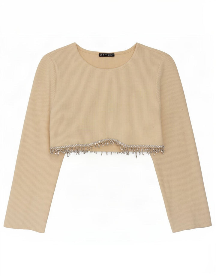 Zara Γυναικείο Crop Top μακρυμάνικο UK 10 Small Beige