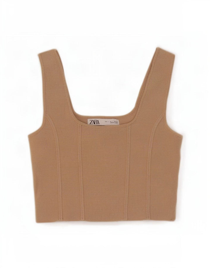 Zara Γυναικείο Αμάνικο Crop Top UK 8 Small Beige Nylon