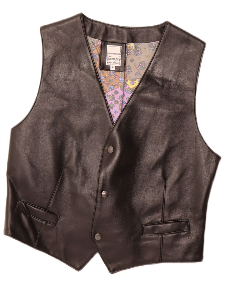 VINTAGE Mens Leather Waistcoat Medium Black