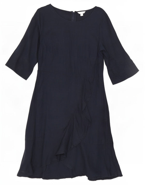 Monsoon γυναικείο μανίκι 3/4 ασύμμετρο φόρεμα UK 16 Large Navy Blue λινό