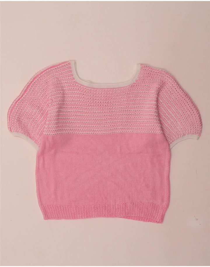 Vintage γυναικείο πουλόβερ με λαιμόκαυστο UK 12 μεσαίο ροζ ριγέ