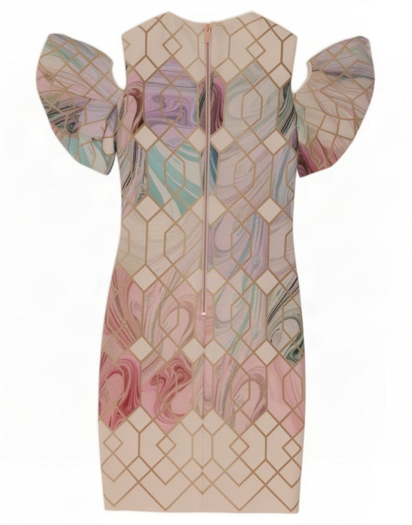 Γυναικείο φόρεμα Ted Baker Off Shoulder Bodycon μέγεθος 1 XS Λευκό γεωμετρικό