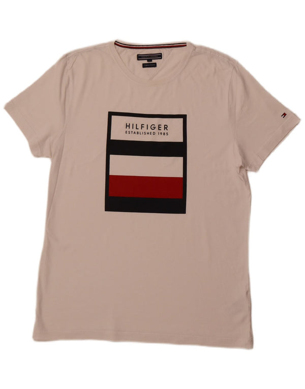 TOMMY HILFIGER Ανδρικό γραφικό T-Shirt Top μεγάλο λευκό βαμβακερό
