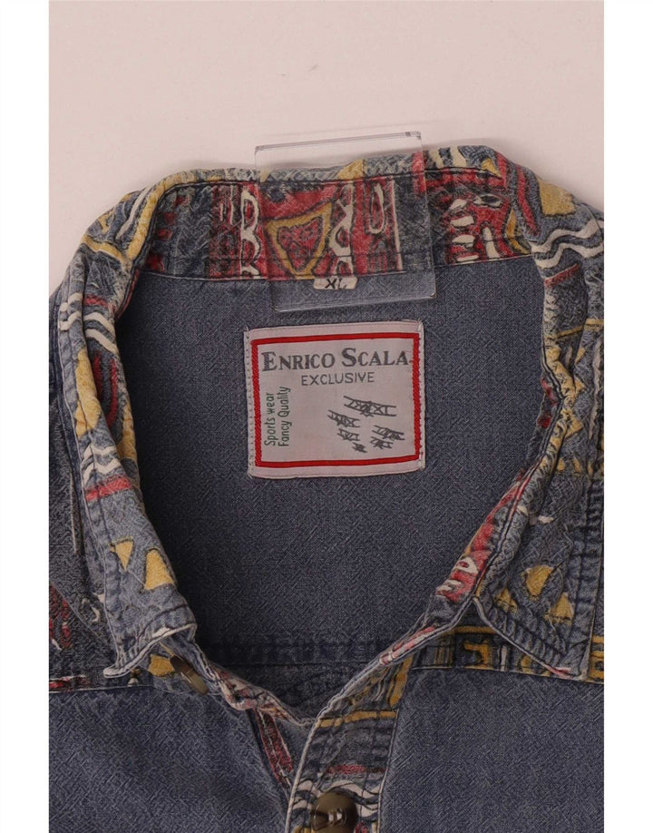 Vintage Ανδρικό κοντομάνικο πουκάμισο XL Blue Patchwork Retro