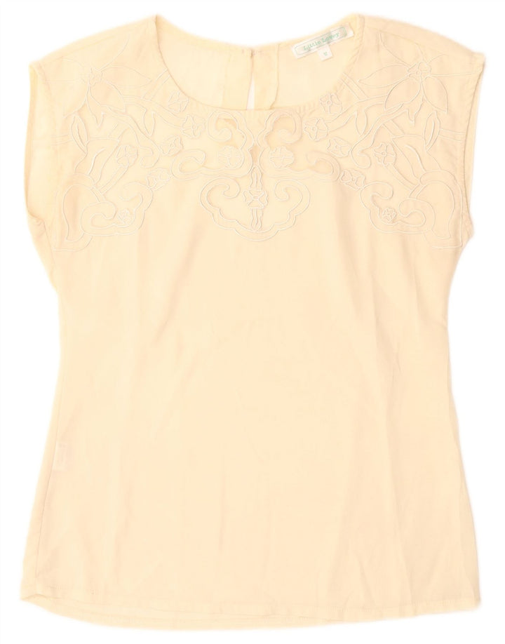 Vintage γυναικεία μπλούζα τοπ UK 12 Medium Beige Floral Polyester