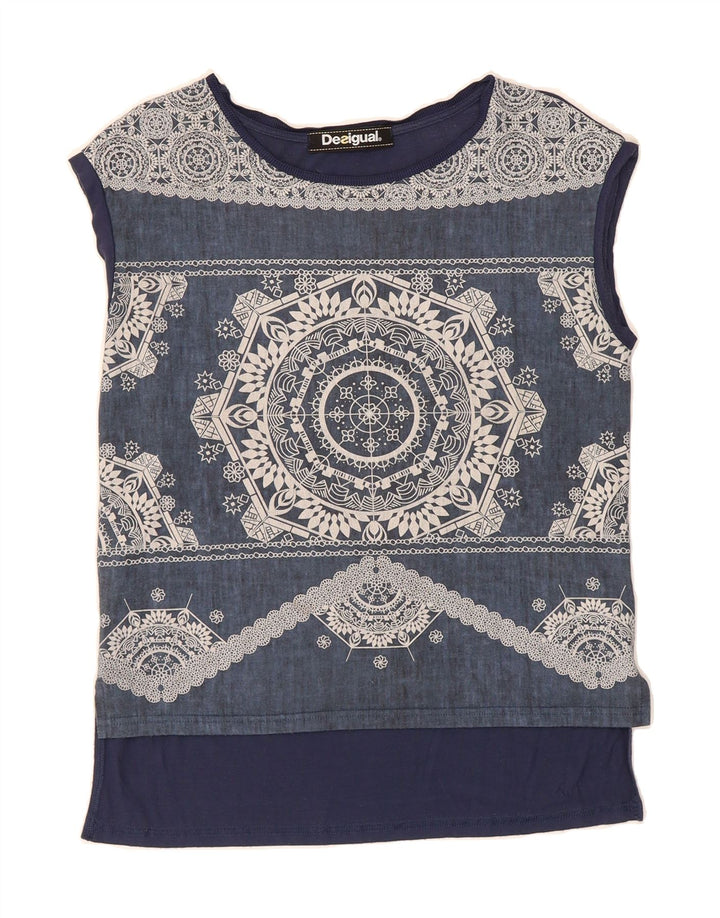 DESIGUAL Womens Oversized Blouse Top UK 10 Small Navy Blue Floral Vintage Desigual and Second-Hand Desigual from Messina Hembry 