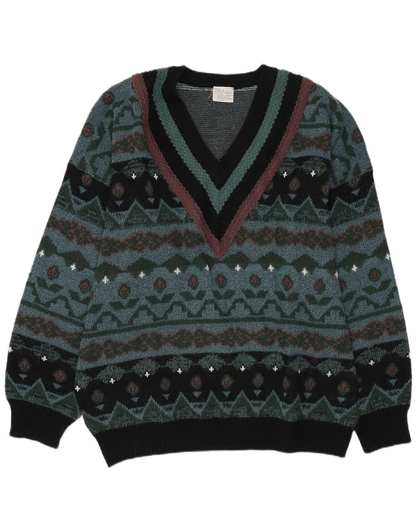 Vintage ανδρικό πουλόβερ με λαιμόκοψη IT 60/62 3XL Green Geometric Retro