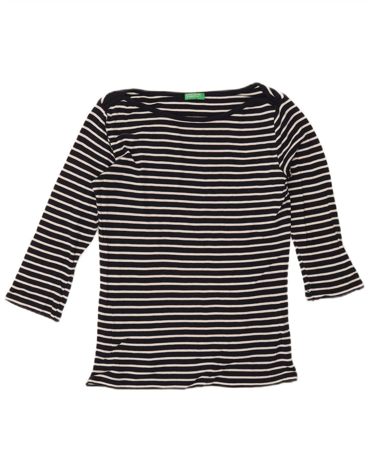 BENETTON Γυναικείο τοπ 3/4 μανίκια UK 10 Small Navy Blue ριγέ βαμβακερό