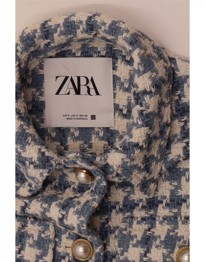 Zara γυναικείο μπουφάν 3/4 με 5 κουμπιά ζιβάγκο μπλέιζερ UK 10 Small Blue Houndstooth