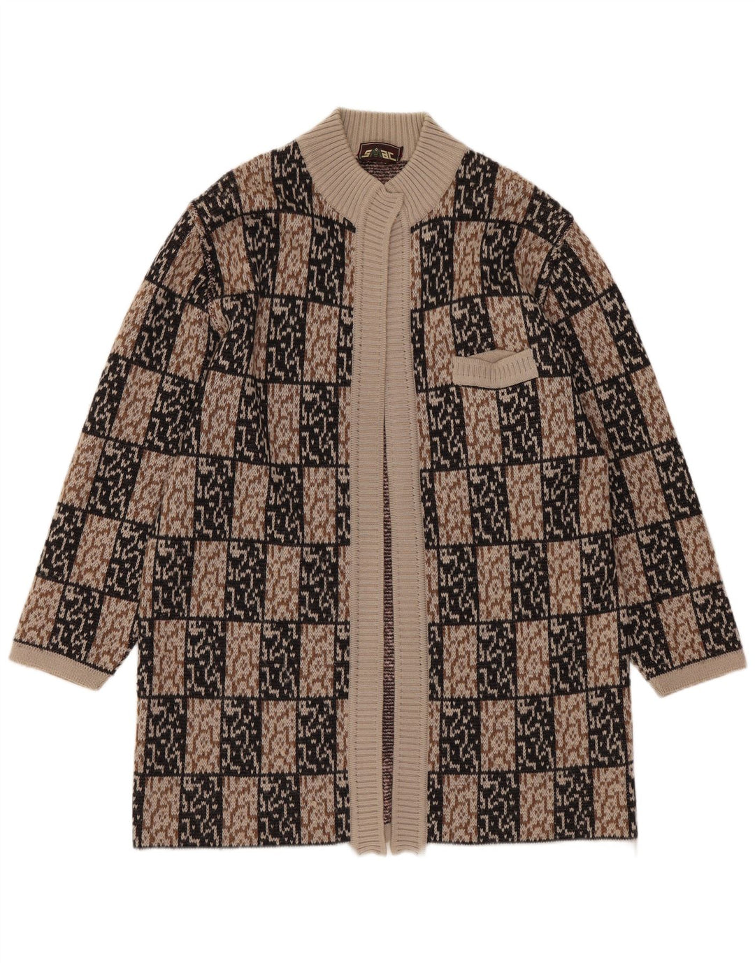 VINTAGE Γυναικείο Longline ανοιχτό πουλόβερ ζακέτα IT 44 Μεσαίο καφέ γεωμετρικό