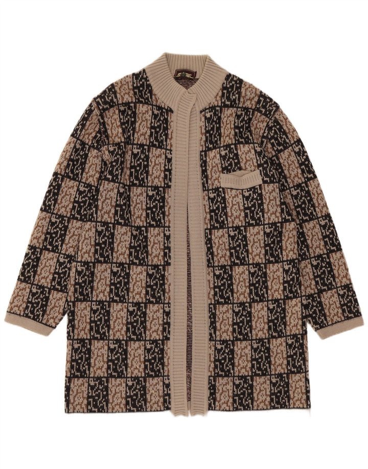 VINTAGE Γυναικείο Longline ανοιχτό πουλόβερ ζακέτα IT 44 Μεσαίο καφέ γεωμετρικό