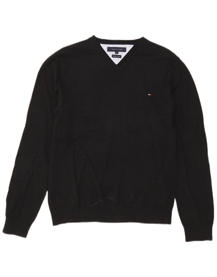 Ανδρικό πουλόβερ Tommy Hilfiger με V λαιμόκοψη, μεσαίο μαύρο βαμβακερό