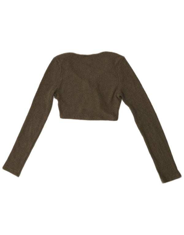 Topshop Womens Crop Cardigan Top UK 10 Small Khaki Cotton