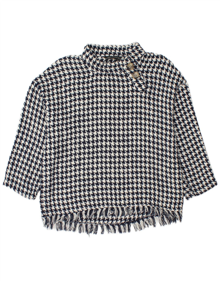 Zara γυναικείο πουλόβερ με λαιμό κουμπιά UK 14 Medium Navy Blue Houndstooth