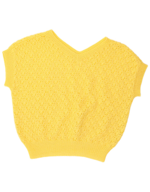 Vintage γυναικείο κοντομάνικο πουλόβερ με βελονάκι με V λαιμόκοψη UK 20 2XL κίτρινο