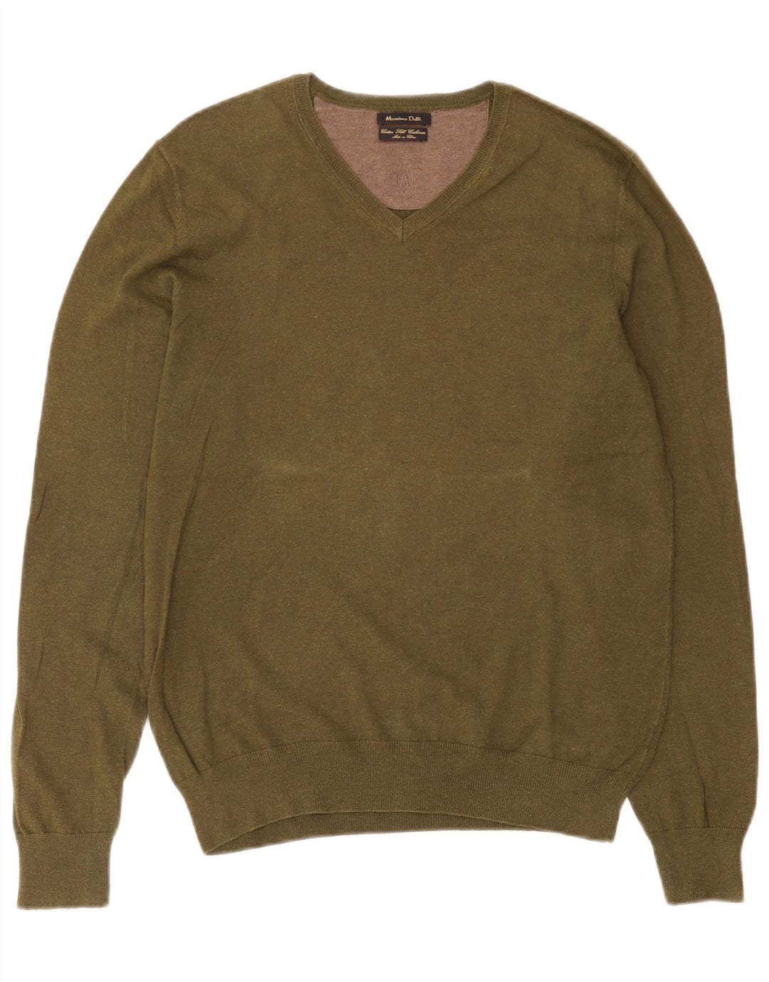Ανδρικό πουλόβερ Massimo Dutti με V λαιμόκοψη, μεσαίο χακί βαμβακερό