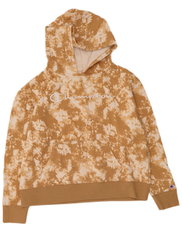 Champion Womens Graphic Hoodie Jumper UK 14 Medium Beige Tie Dye Cotton