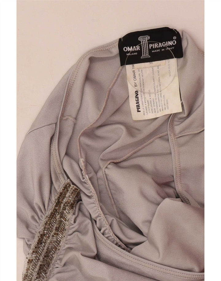 Vintage γυναικείο φόρεμα με έναν ώμο UK 12 Medium Silver Polyamide