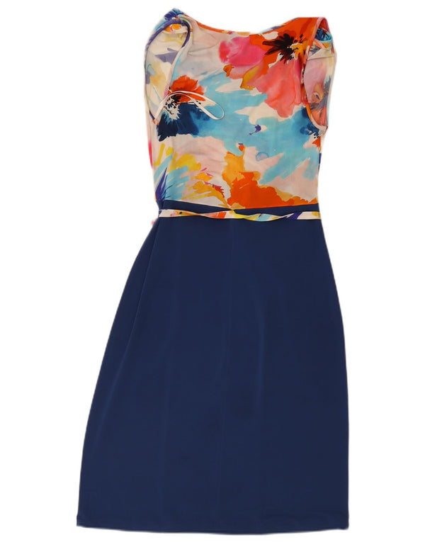 Vintage γυναικείο αμάνικο φόρεμα UK 10 Small Navy Blue Floral Viscose