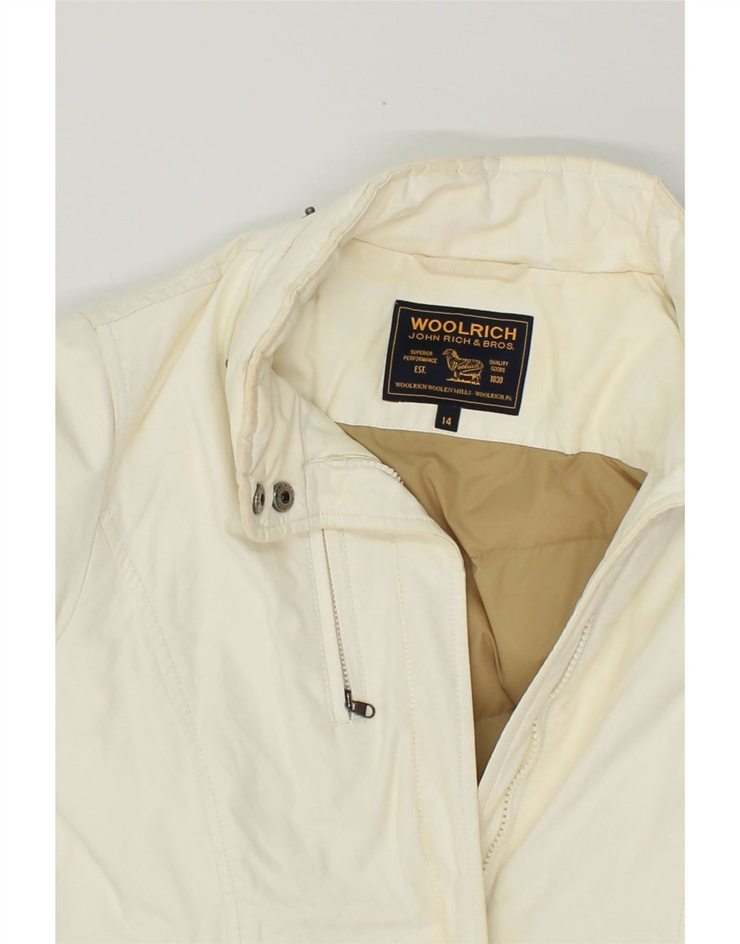 WOOLRICH Womens Bomber Jacket UK 14 Medium Off White Cotton Vintage Woolrich and Second-Hand Woolrich from Messina Hembry 
