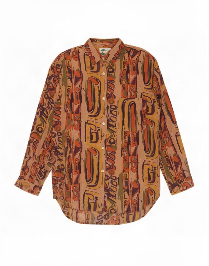 Vintage γυναικείο Longline Abstract μοτίβο πουκάμισο μπλούζα UK 14 Μεσαίο καφέ