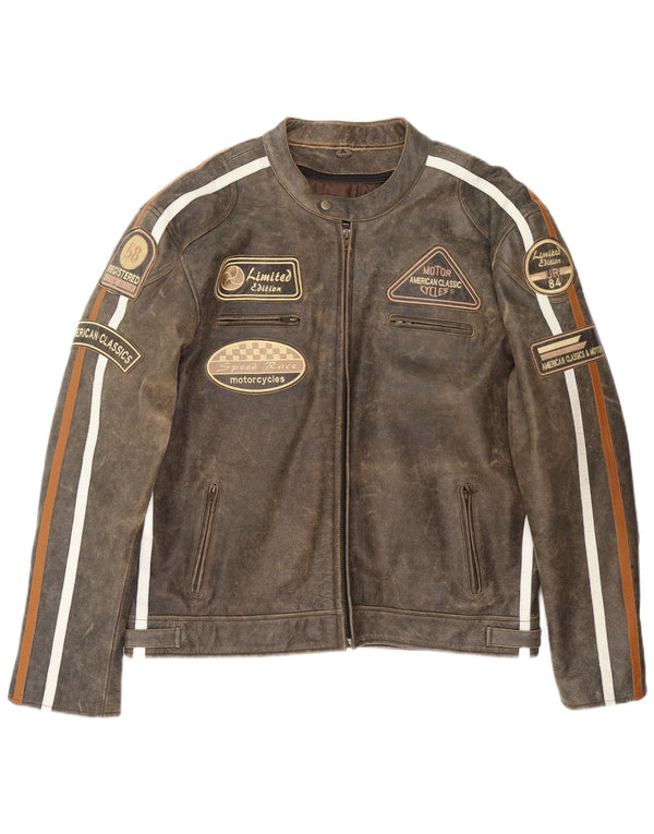 Stina Ανδρικό Motorstyle Graphic Leather Racer Jacket UK 42 XL Brown