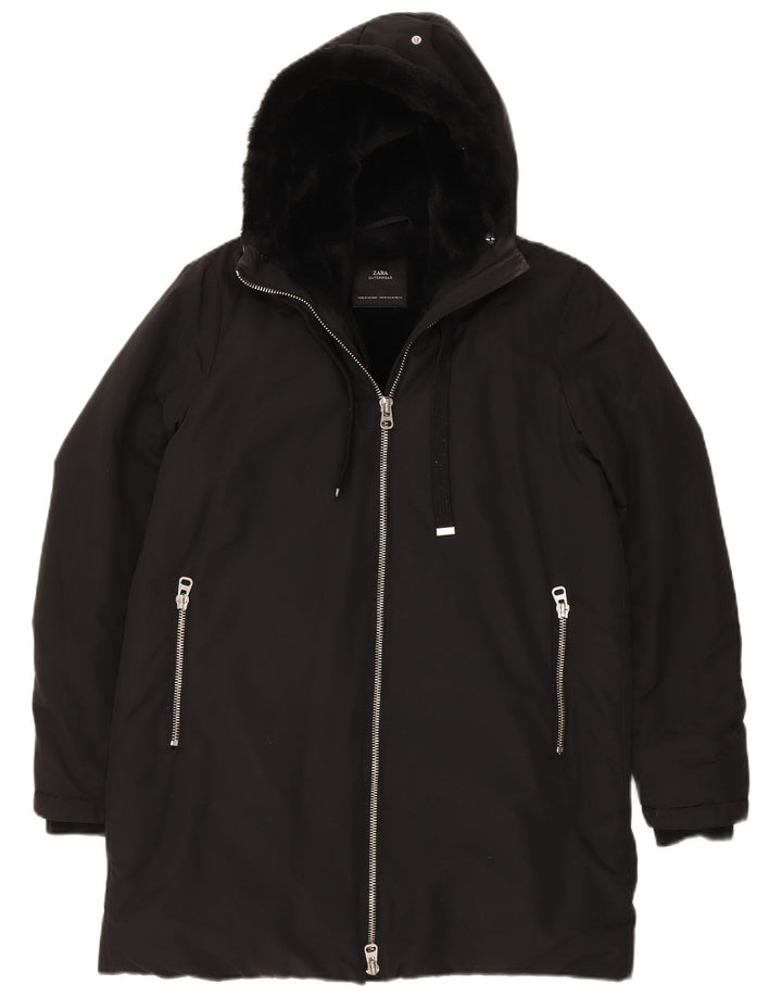 ZARA Γυναικείο παλτό με κουκούλα Sherpa Windbreaker UK 14 Μεσαίο Μαύρο Πολυεστέρας