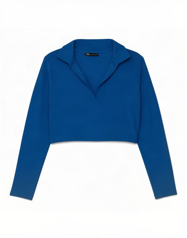 Zara Womens Crop Long Sleeve Polo Shirt UK 14 Large Blue Cotton