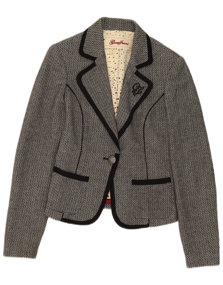 GUESS Womens 1 Button Blazer Jacket UK 12 Medium Black Geometric Cotton