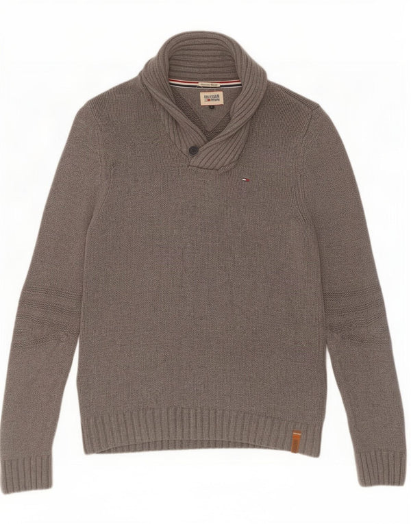 Tommy Hilfiger Mens Shawl Neck Jumper Sweater Large Grey Cotton